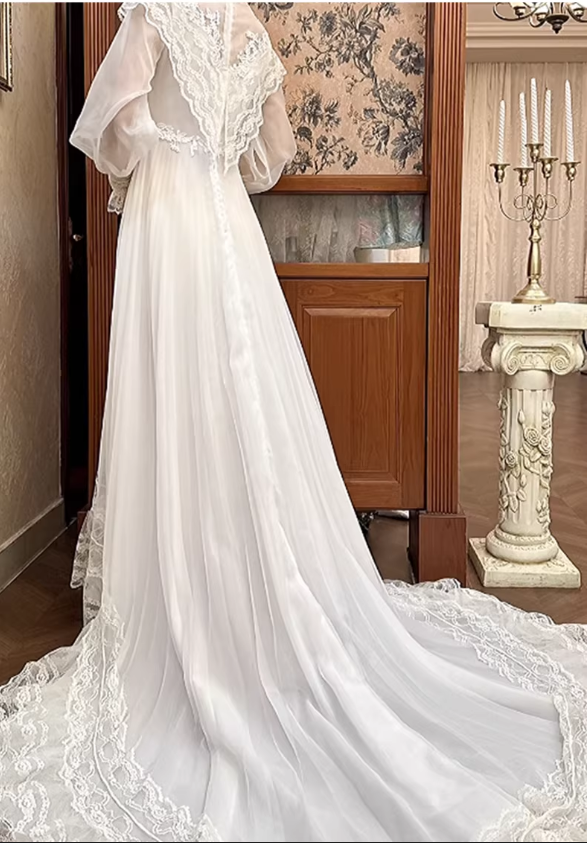 Vintage Ivory Lace Tulle High Neck & Puff Sleeves A-Line Wedding Dress DP8064