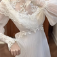 Vintage Ivory Lace Tulle High Neck & Puff Sleeves A-Line Wedding Dress DP8064