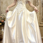Vintage Ivory Satin Off-the-Shoulder Lace Capelet A-Line Wedding Dress DP8065