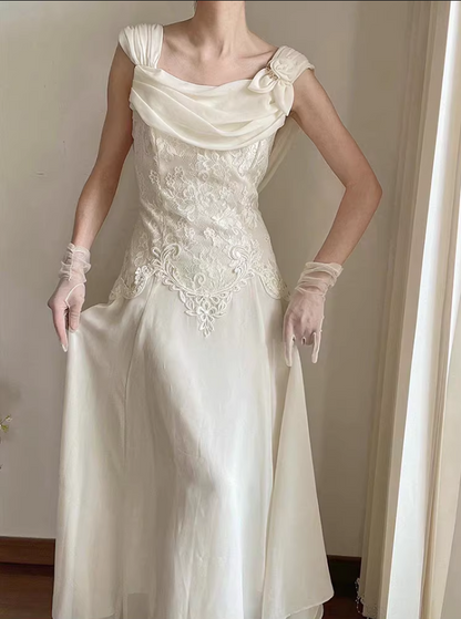 Vintage Ivory Lace Cowl Neck Sleeveless A-Line Wedding Dress DP8066