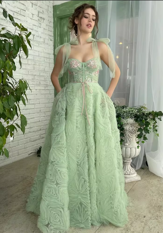 Elegant Sage Green Sweetheart Floral Tulle Straps Evening Dress DP8073