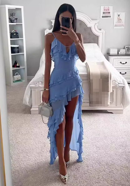 Vintage Sky Blue Ruffled High-Low Spaghetti Straps Cocktail Dress Evening Dress DP8076