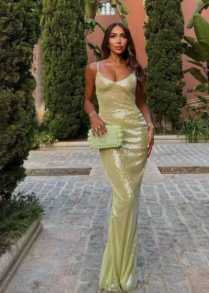 Vintage Sequin Spaghetti Strap Bodycon Evening Dress DP8077
