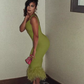 Vintage Olive Green One-Shoulder Feather Trim Evening Dress DP8078