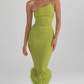 Vintage Olive Green One-Shoulder Feather Trim Evening Dress DP8078