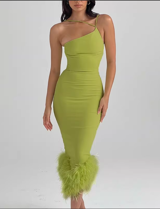Vintage Olive Green One-Shoulder Feather Trim Evening Dress DP8078