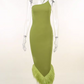 Vintage Olive Green One-Shoulder Feather Trim Evening Dress DP8078