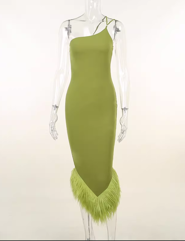 Vintage Olive Green One-Shoulder Feather Trim Evening Dress DP8078