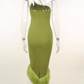 Vintage Olive Green One-Shoulder Feather Trim Evening Dress DP8078