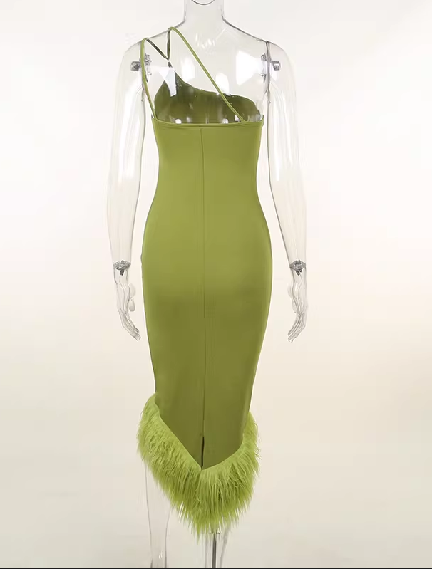 Vintage Olive Green One-Shoulder Feather Trim Evening Dress DP8078