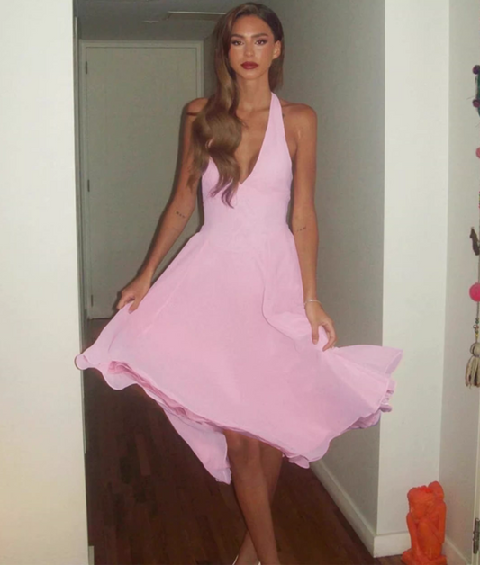 Elegant Simple Pink Halter Neck A-Line Chiffon Evening Dress DP8092