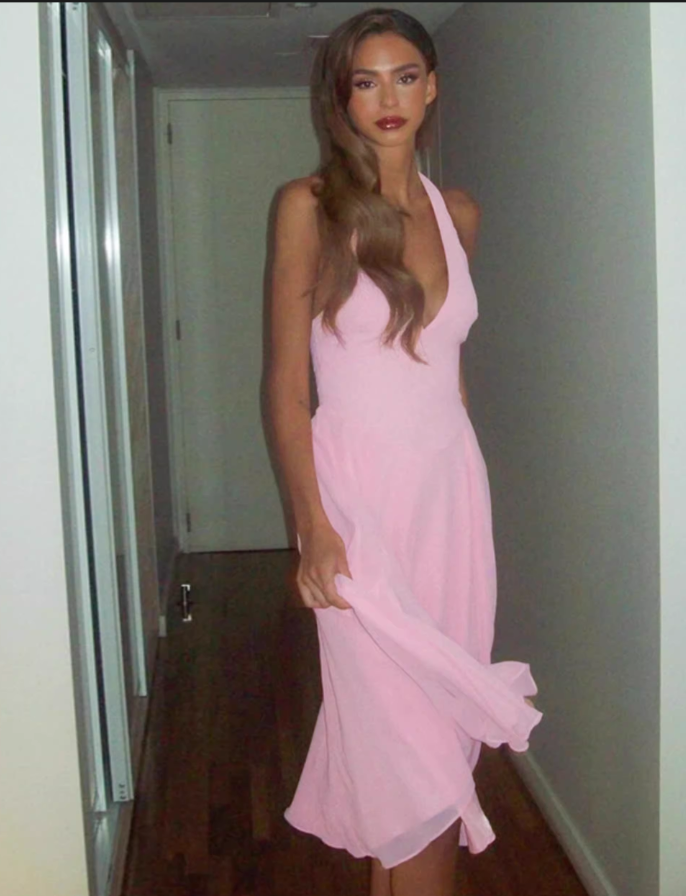 Elegant Simple Pink Halter Neck A-Line Chiffon Evening Dress DP8092
