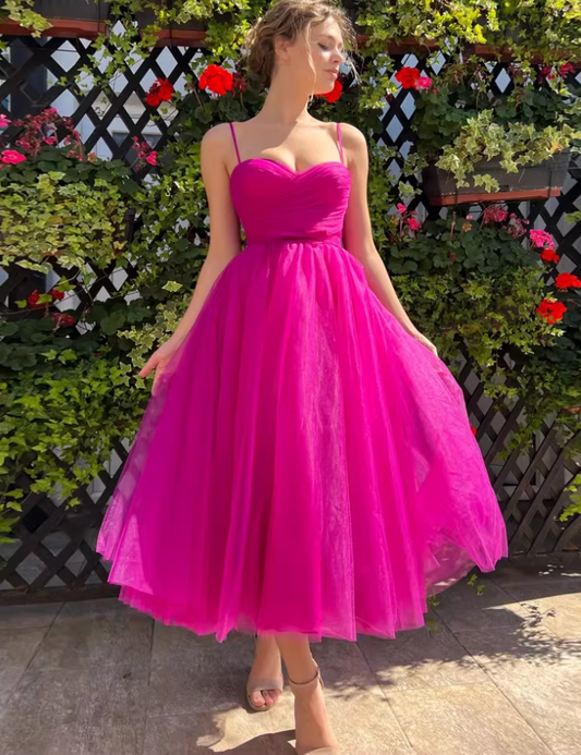 Elegant Fuchsia Spaghetti Strap Sweetheart Tulle A-Line Midi Evening Dress DP8093