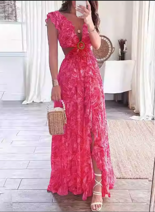Simple Elegant Floral Print Cutout V-Neck Maxi Evening Dress DP8096