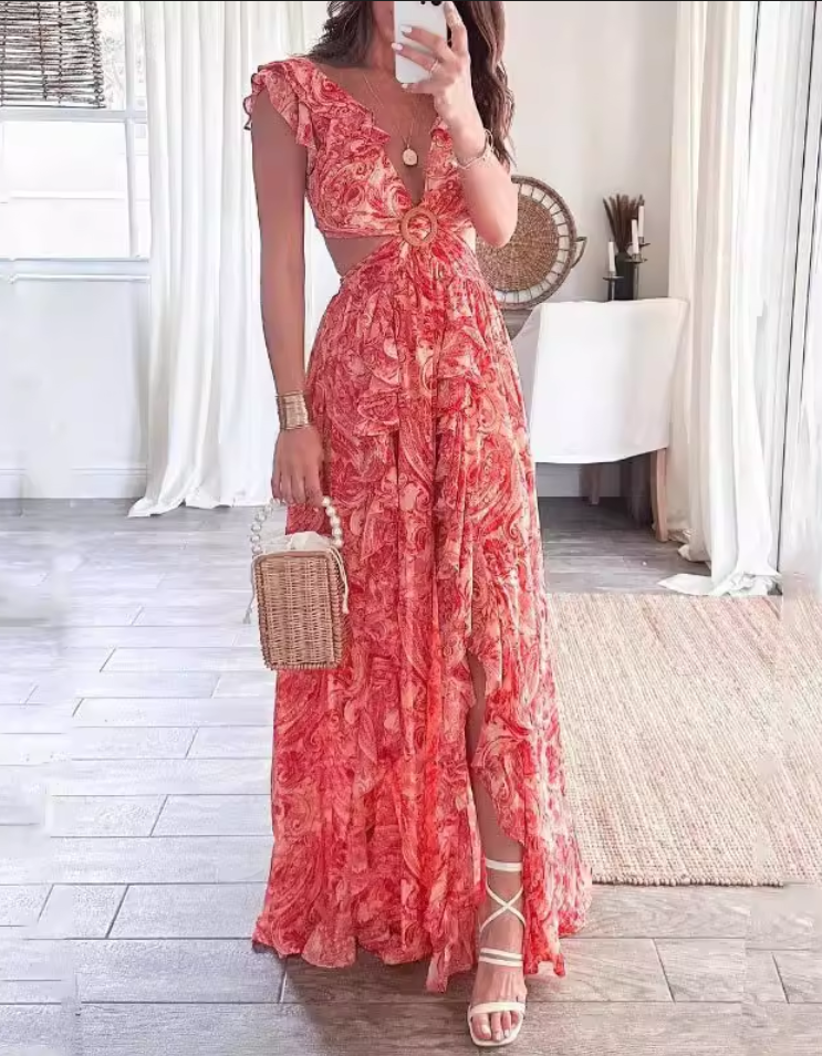 Simple Elegant Floral Print Cutout V-Neck Maxi Evening Dress DP8096