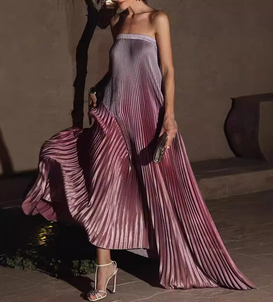 Luxury Ombre Purple Satin Pleated Strapless Evening Dress DP8097