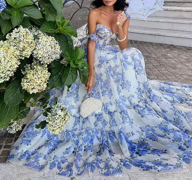 Glamorous Rose Print Bow Shoulder Corset A-Line Evening Dress DP8103