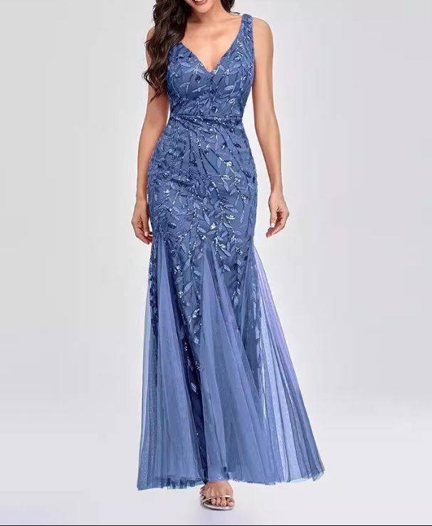 Vintage Burgundy Sequin V-Neck Mermaid Prom Gown Tulle Evening Dress DP8106