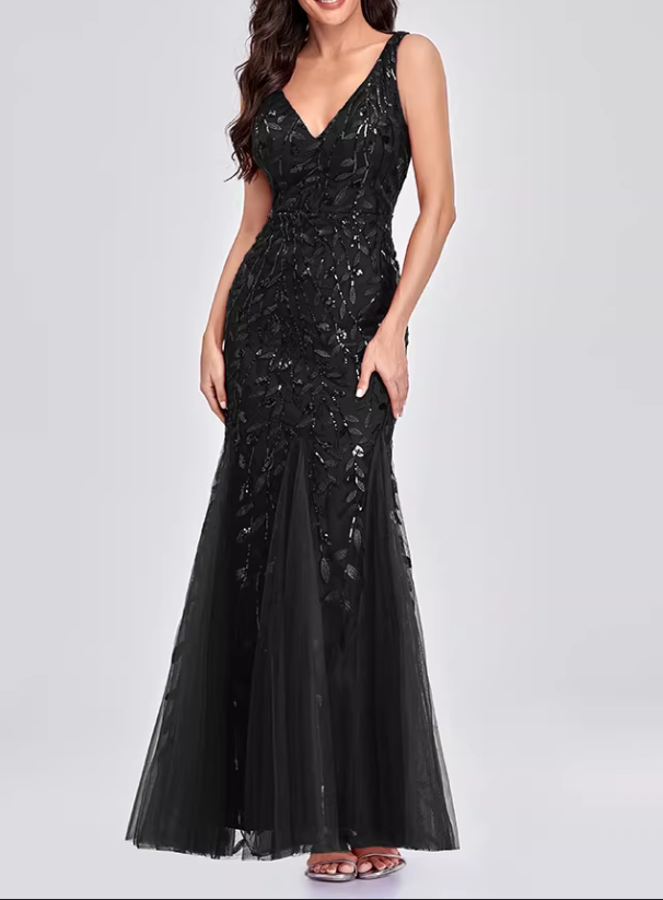 Vintage Burgundy Sequin V-Neck Mermaid Prom Gown Tulle Evening Dress DP8106