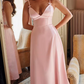 Vintage Pink Satin V-Neck Dress Spaghetti Strap Evening Dress DP8108