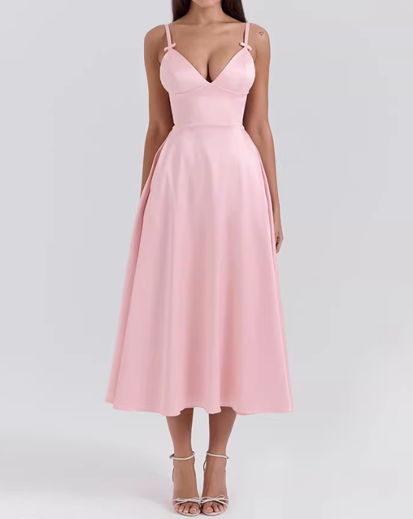 Vintage Pink Satin V-Neck Dress Spaghetti Strap Evening Dress DP8108