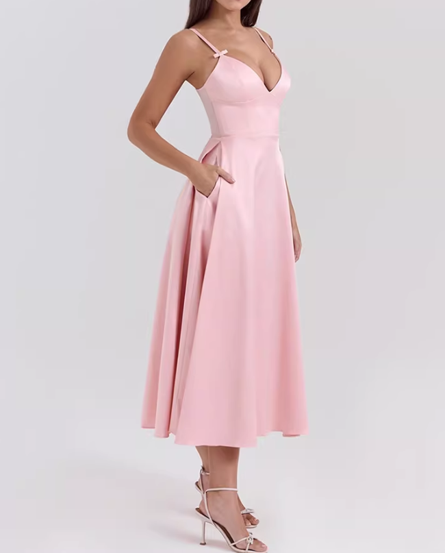 Vintage Pink Satin V-Neck Dress Spaghetti Strap Evening Dress DP8108