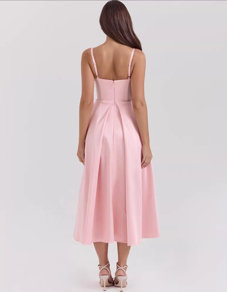 Vintage Pink Satin V-Neck Dress Spaghetti Strap Evening Dress DP8108