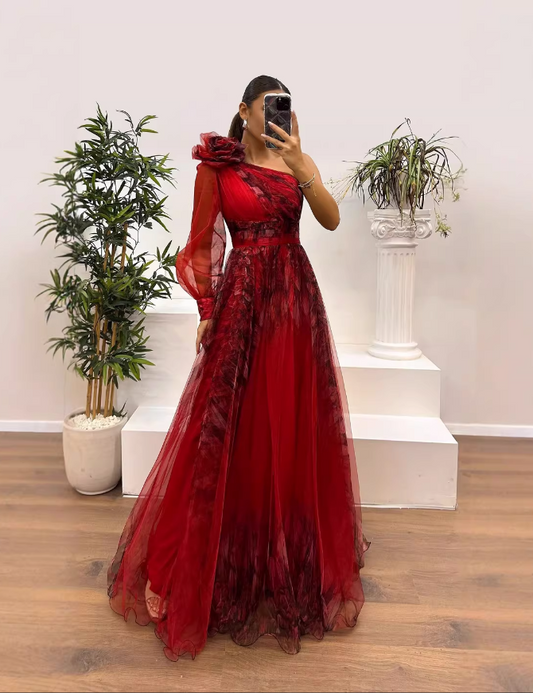 Enchanting Tulle One-Shoulder Gown 3D Floral Applique A-Line Evening Dress DP8109
