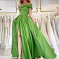 Glamorous Olive Green Satin One-Shoulder Gown A-Line High Slit Evening Dress DP8110