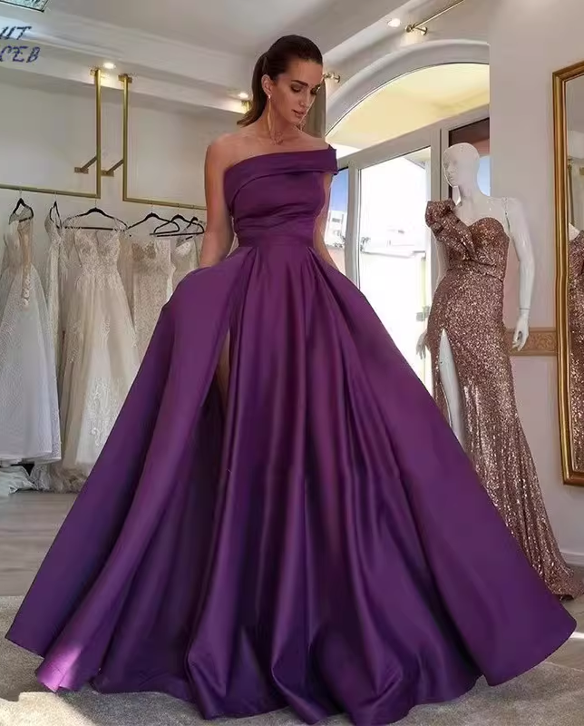 Glamorous Olive Green Satin One-Shoulder Gown A-Line High Slit Evening Dress DP8110