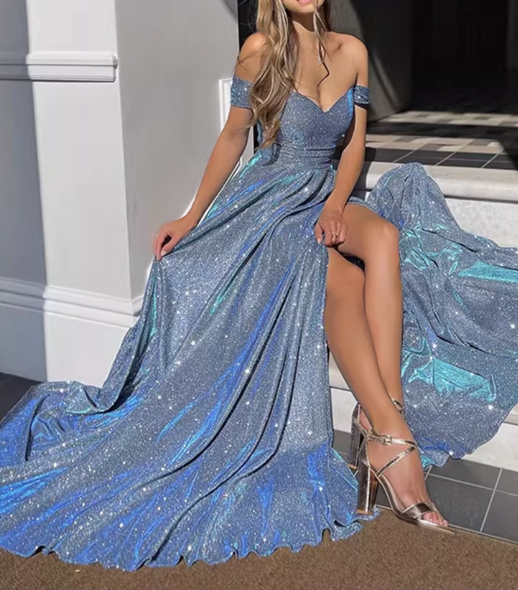 Glamorous Dusty Blue Glitter Off-Shoulder Gown High Slit A-Line Evening Dress DP8111