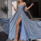Glamorous Dusty Blue Glitter Off-Shoulder Gown High Slit A-Line Evening Dress DP8111