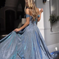Glamorous Dusty Blue Glitter Off-Shoulder Gown High Slit A-Line Evening Dress DP8111