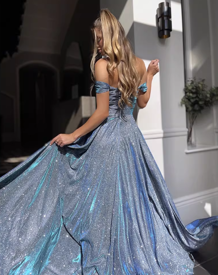Glamorous Dusty Blue Glitter Off-Shoulder Gown High Slit A-Line Evening Dress DP8111