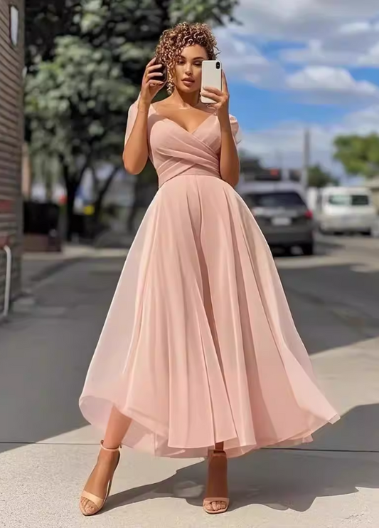 Elegant Pink Chiffon Short Sleeve A-Line Midi Wedding Guest Gown Mother of the Bride Dress DP8112