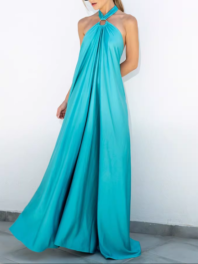 Glamorous Satin Halter-Neck Loose Flowy Evening Gown O-Ring Detail Prom Dress DP8113