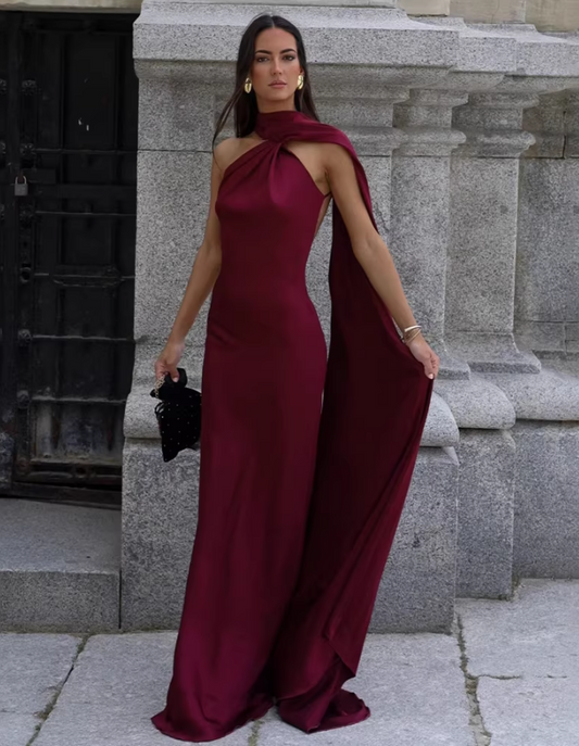 Glamorous Burgundy Satin Draped Cape Sheath Evening Dress Prom Dress DP8114