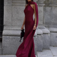 Glamorous Burgundy Satin Draped Cape Sheath Evening Dress Prom Dress DP8114