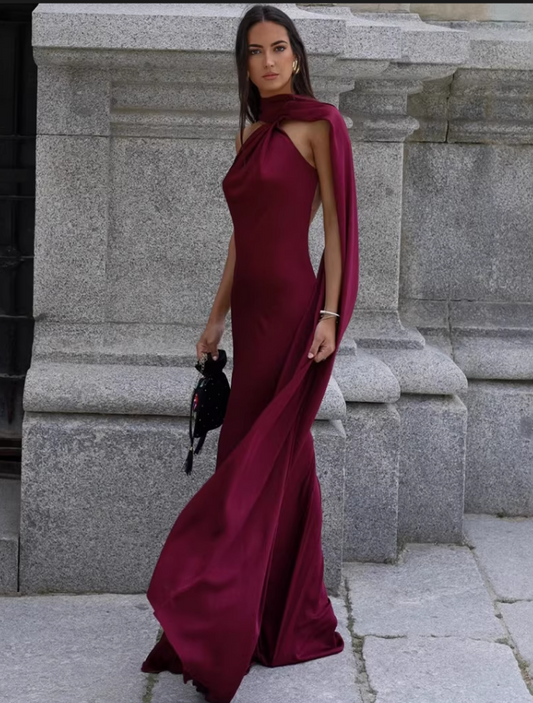 Glamorous Burgundy Satin Draped Cape Sheath Evening Dress Prom Dress DP8114