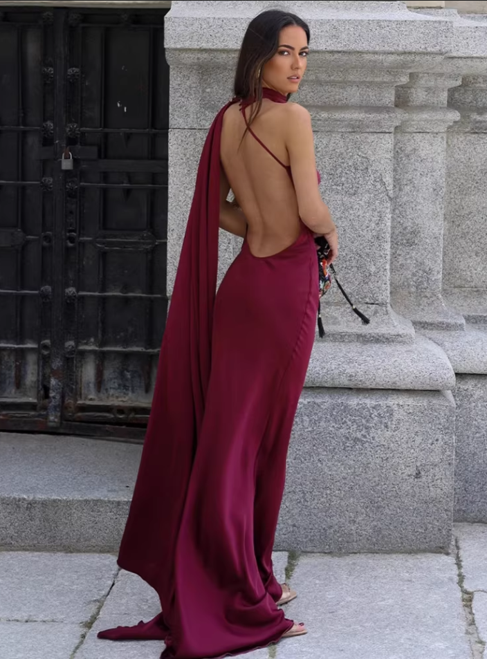 Glamorous Burgundy Satin Draped Cape Sheath Evening Dress Prom Dress DP8114