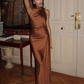 Glamorous Burgundy Satin Draped Cape Sheath Evening Dress Prom Dress DP8114