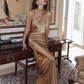 Glamorous Burgundy Satin Draped Cape Sheath Evening Dress Prom Dress DP8114