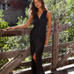 Elegant Teal Satin V-Neck High Slit Evening Dress Prom Dress DP8116