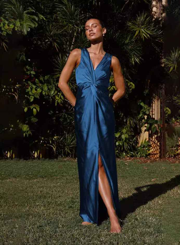Elegant Teal Satin V-Neck High Slit Evening Dress Prom Dress DP8116