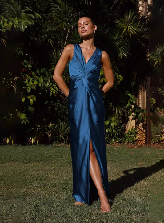 Elegant Teal Satin V-Neck High Slit Evening Dress Prom Dress DP8116