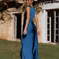 Elegant Teal Satin V-Neck High Slit Evening Dress Prom Dress DP8116