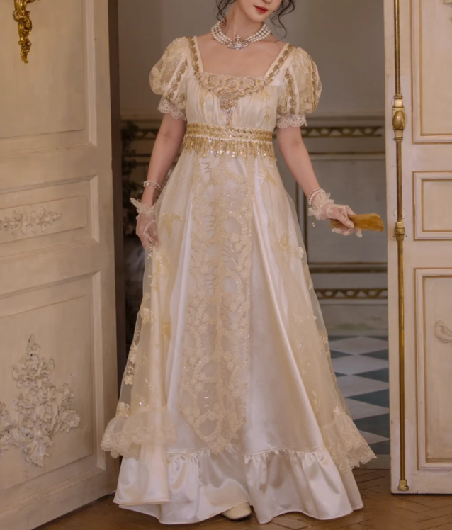 Elegant Cream Lace & Sequin Puffy Sleeves Evening Dress Prom Dress DP8117