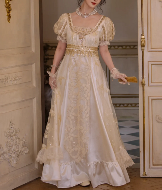 Elegant Cream Lace & Sequin Puffy Sleeves Evening Dress Prom Dress DP8117
