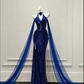 Luxury Sequin Halter Mermaid Evening Gown Formal Prom Dress with Tulle Train DP5622