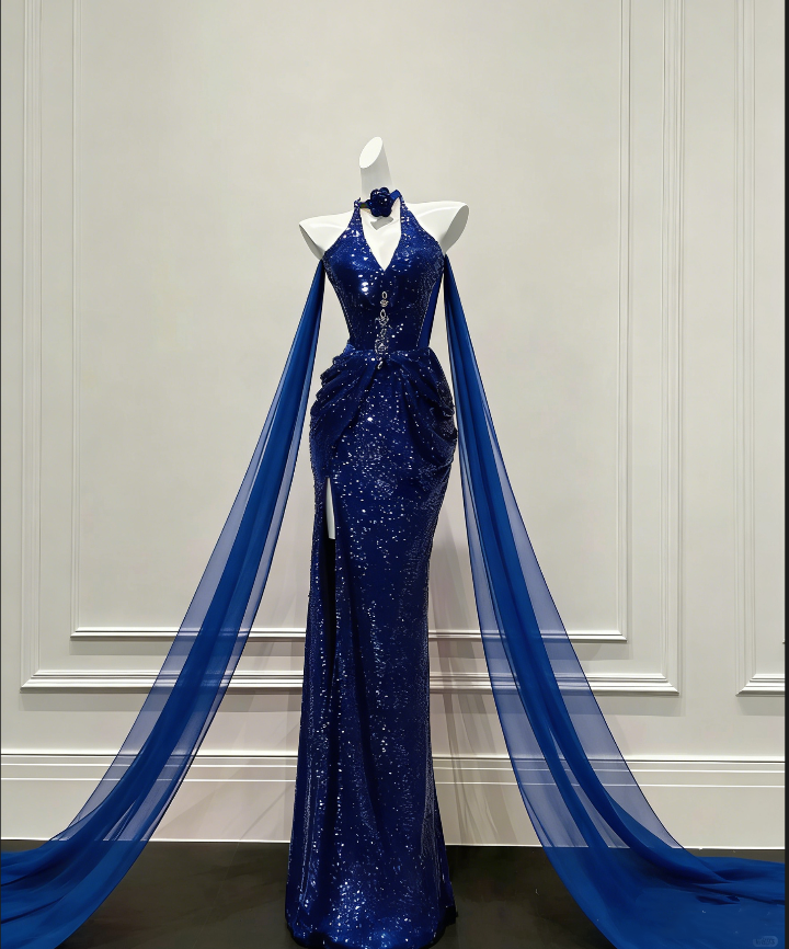 Luxury Sequin Halter Mermaid Evening Gown Formal Prom Dress with Tulle Train DP5622